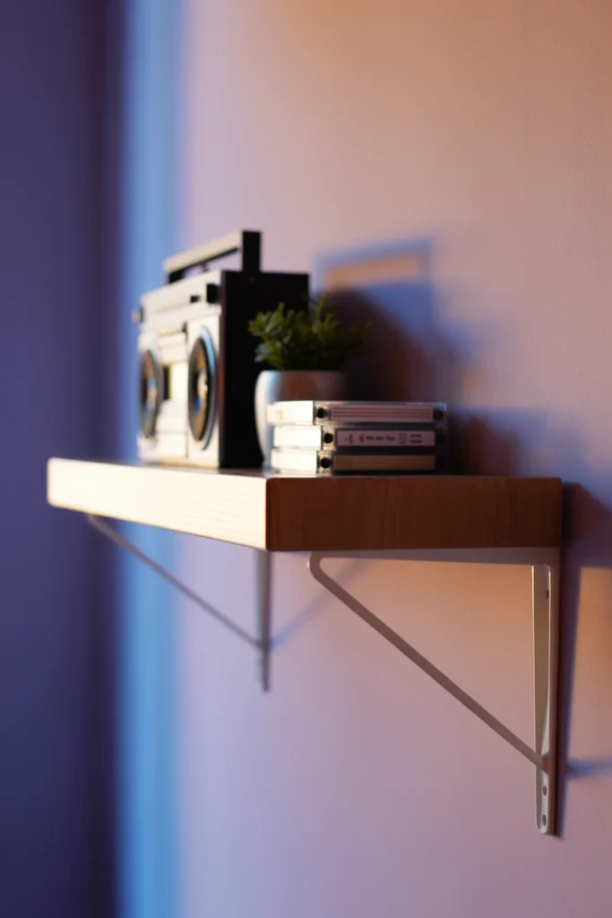 Floating shelf displaying a vintage boombox and stacked cassette tapes