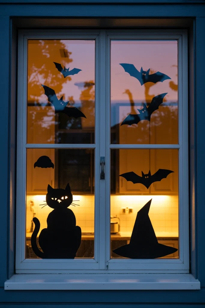 Black cat and bat silhouette cutouts on a kitchen window at night