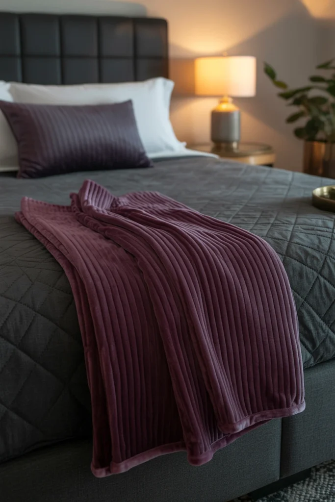 Deep plum velvet throw folded at the foot of a dark bed