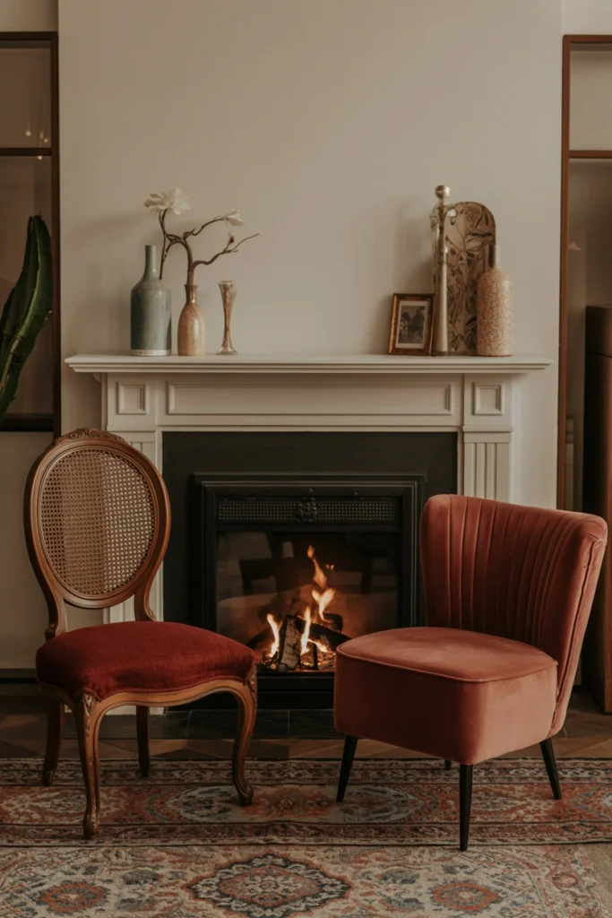 Two mismatched vintage accent chairs flanking a fireplace