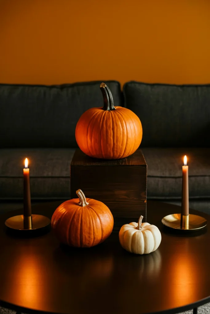  A halloween coffee table vignette with three pumpkins at different heights — largest on a wooden riser, medium beside it, smallest at table level