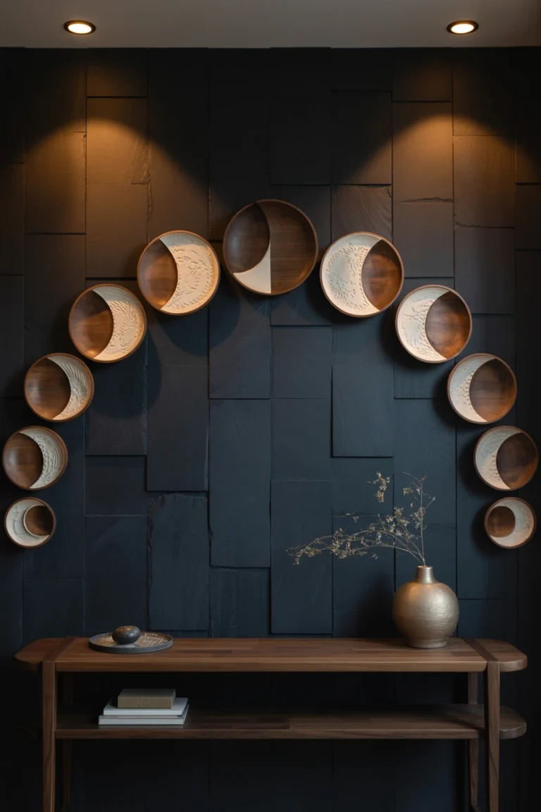 Arc of carved wooden moon phase discs mounted above a bed