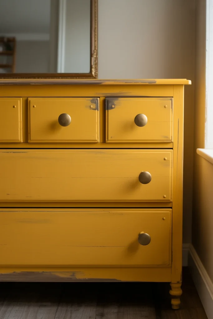 Upcycled dresser painted in bold accent color with brass knobs