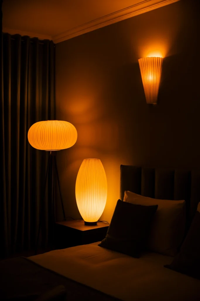 Multiple lamp light sources creating warm shadow layers in bedroom