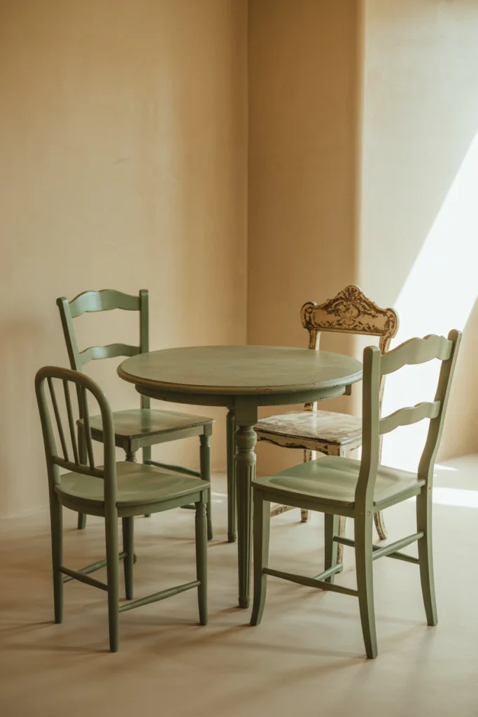 Three mismatched vintage chairs around round wooden table