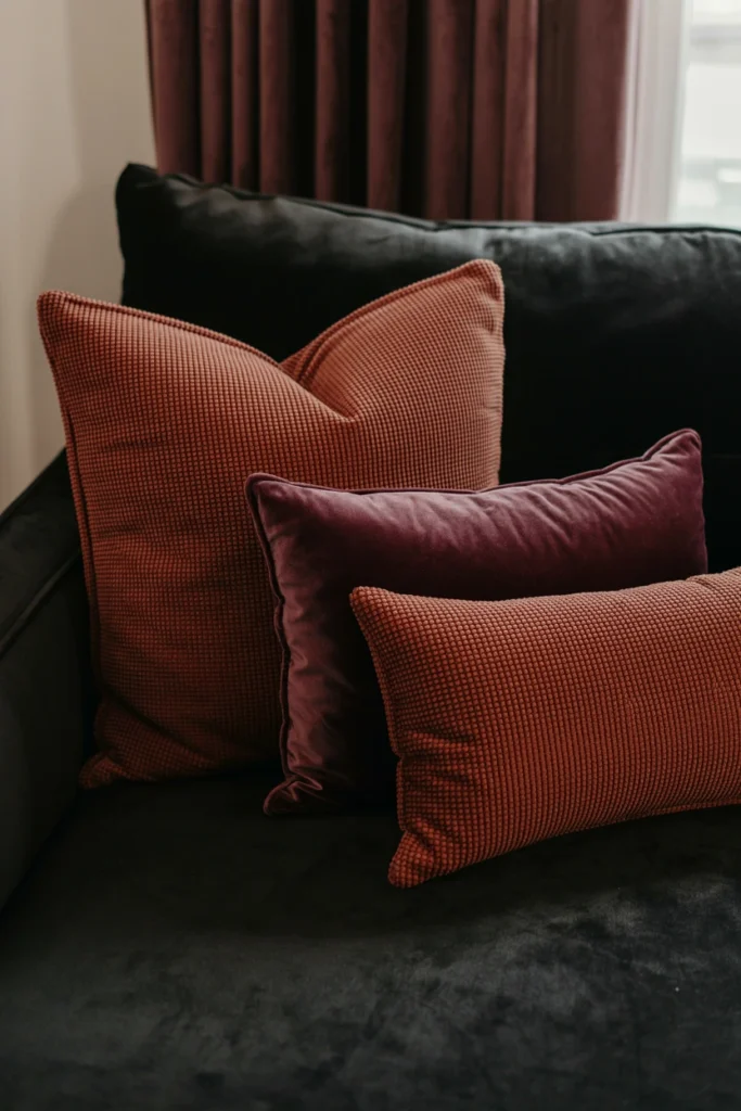 Layer Black Velvet Throw Pillows on the Sofa