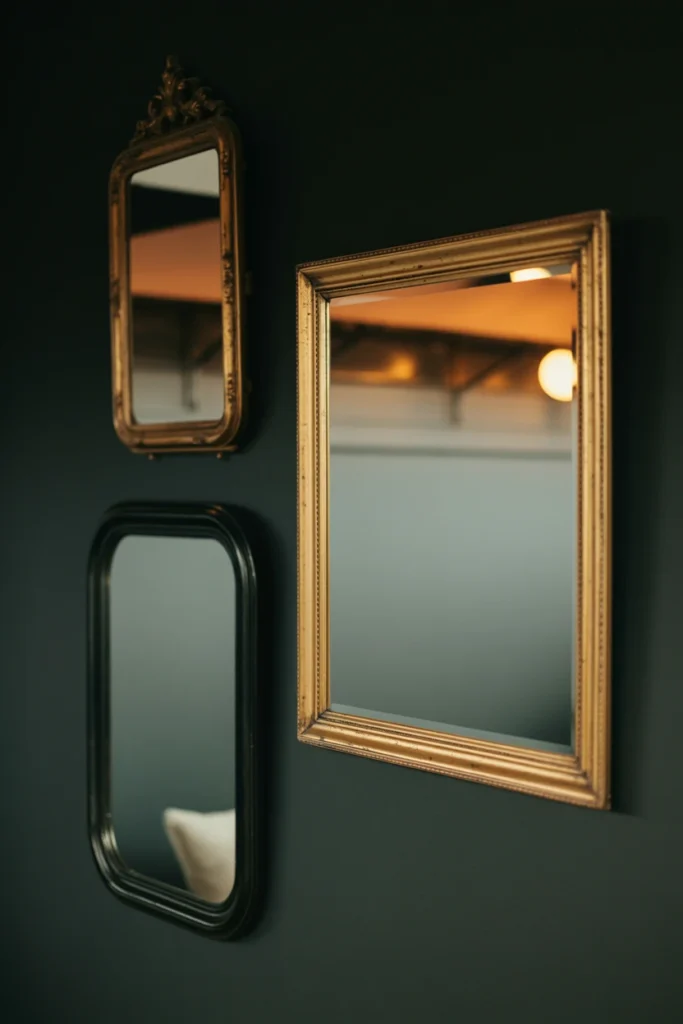 Three vintage mirrors grouped at staggered heights