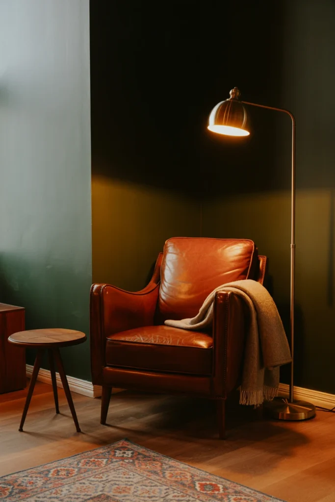 Cozy reading nook with a single armchair and floor lamp in a corner