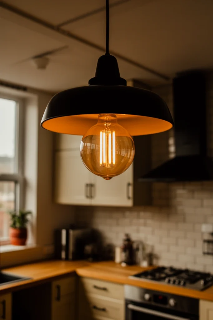 Warm amber light bulb glowing in a kitchen pendant fixture