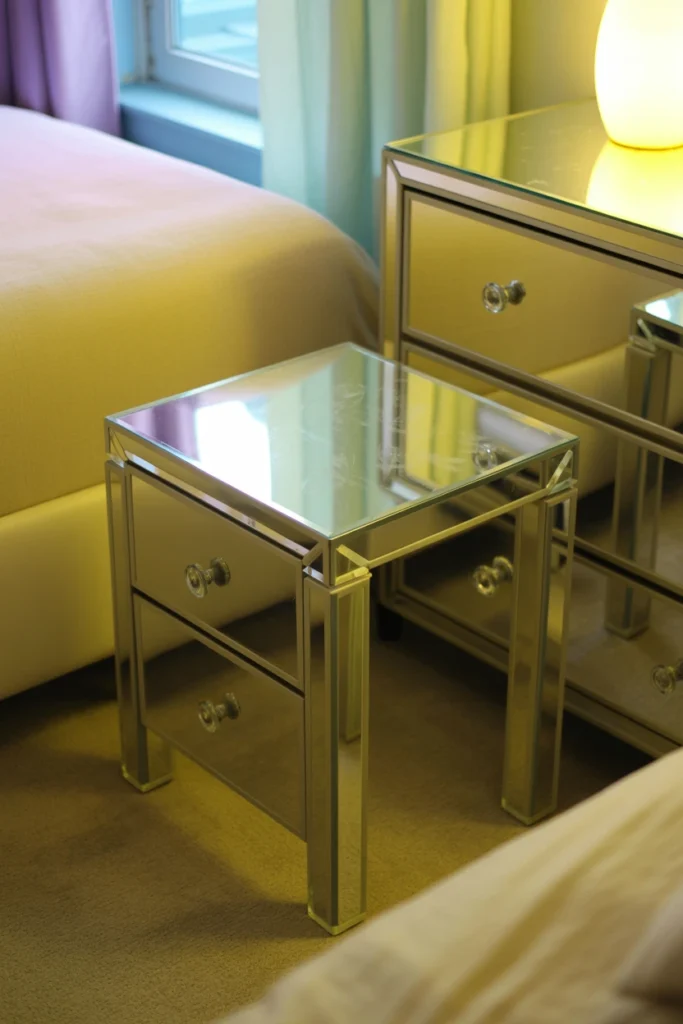 Clear lucite nightstand beside a mirrored dresser in a pastel 80s bedroom