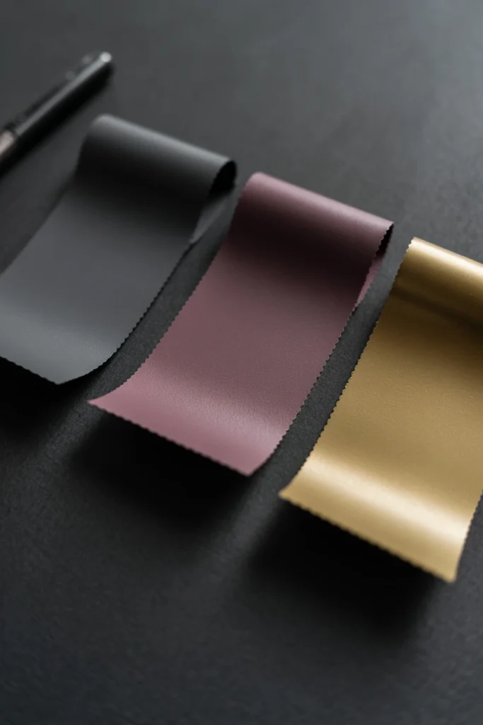 Three-color palette board showing black, plum, and brass swatches