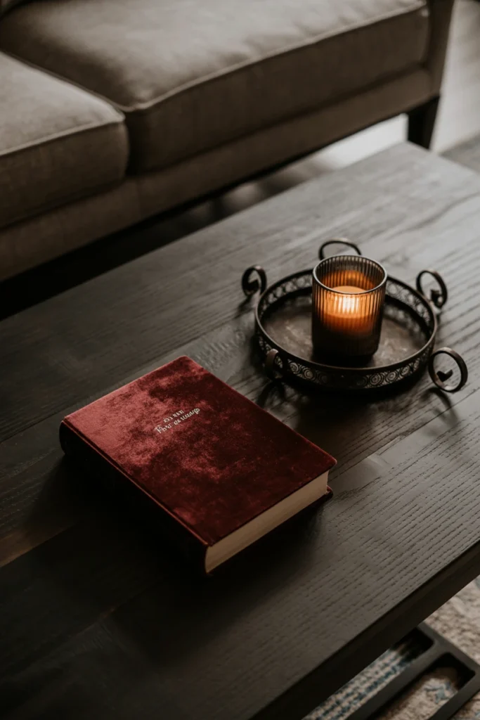 Coffee table styled with a wood tray, velvet book, and glass candle holder