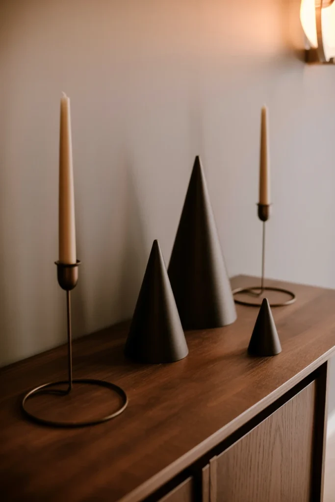 Three witch hats displayed at three different heights on a console table, flanked by black taper candles and a small black cauldron