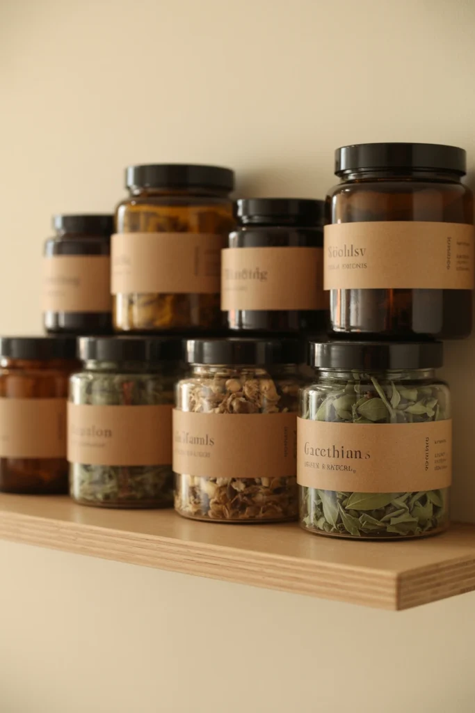 Amber glass jars with kraft labels arranged on a floating apothecary shelf