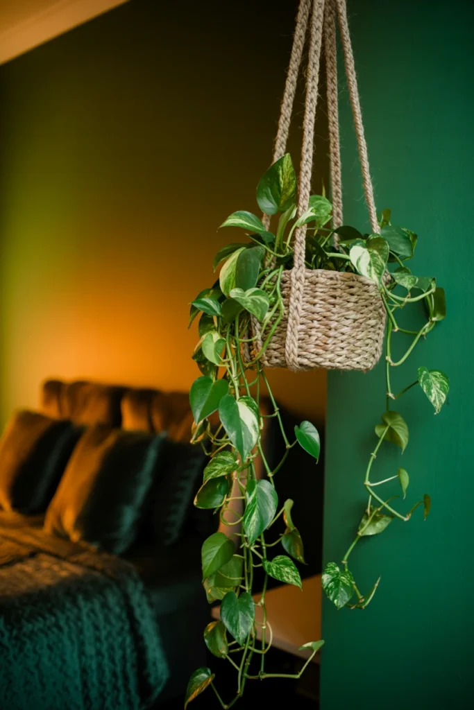 trailing pothos plant in macrame hanger against dark wall