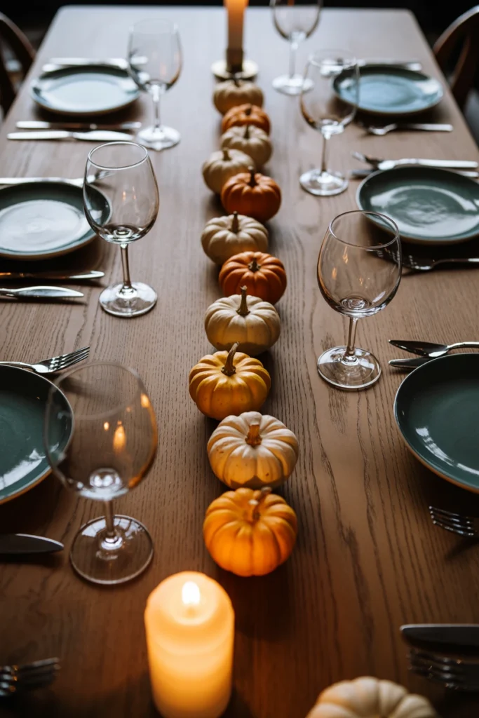 Mini pumpkins arranged in a line down dining table centerline