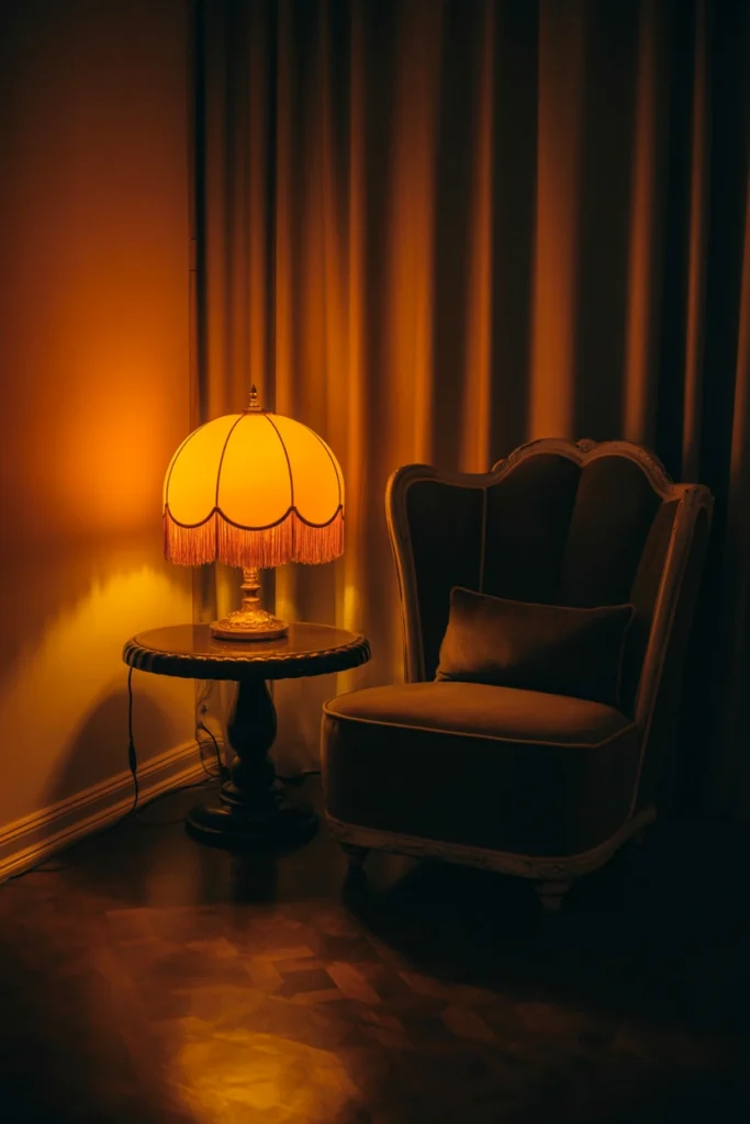Vintage table lamp with fringed shade beside a velvet armchair