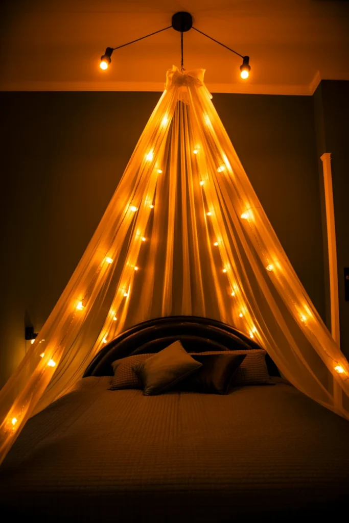 Fairy light canopy draped above whimsigoth bed