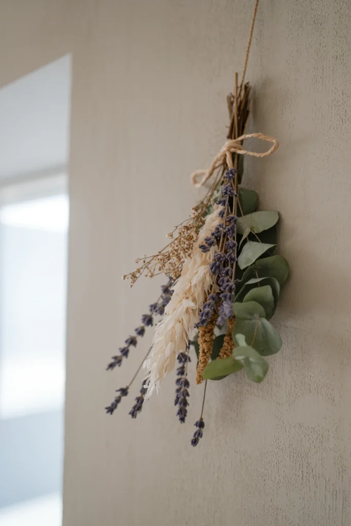 Dried botanical arrangement mounted asymmetrically on a wall