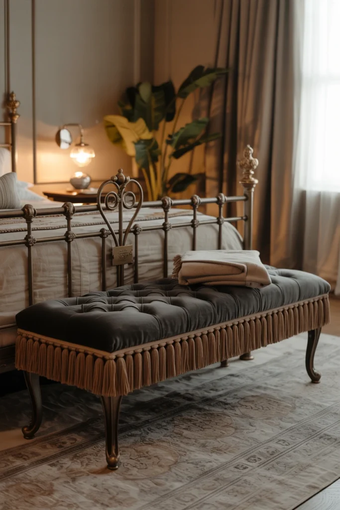 Add a tufted or tasseled bench at the foot of the bed