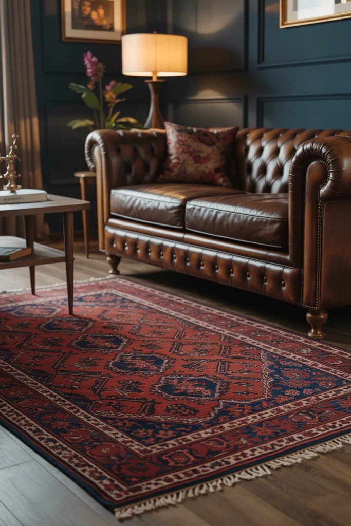 Deep red Persian rug under a leather chesterfield sofa