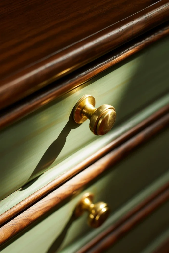 Close-up of brass drawer pulls installed on a dresser in an 80s style bedroom