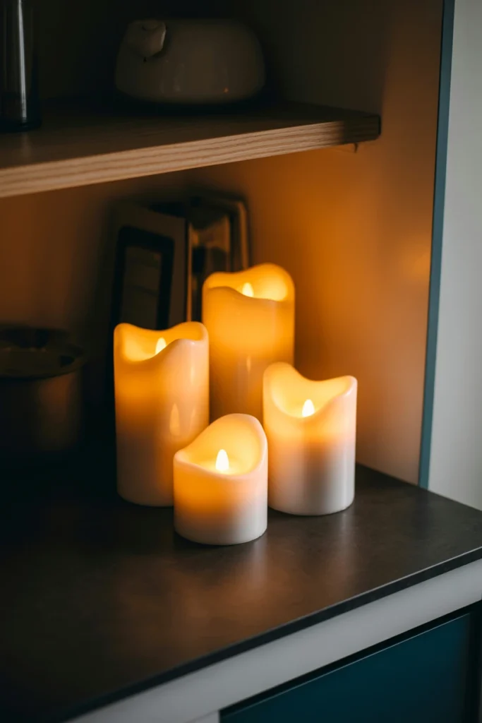 Flameless candles layered at three heights on a kitchen shelf