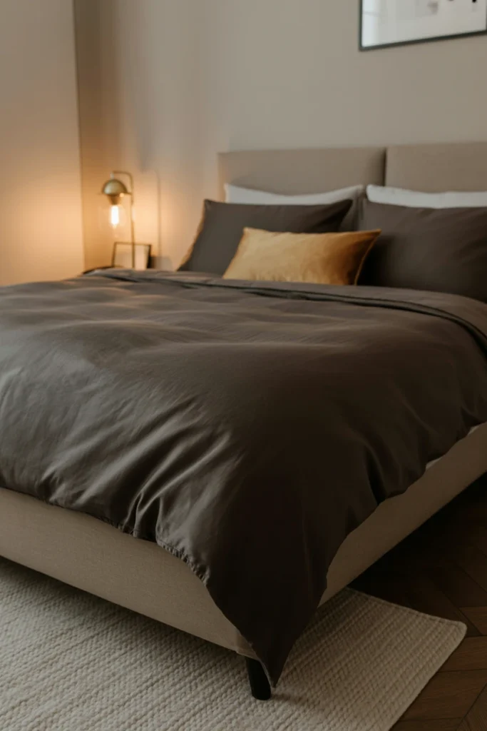Deep charcoal duvet cover on a made bed with brass accents