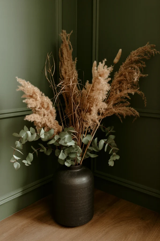 Dried pampas grass and eucalyptus in a dark ceramic vase