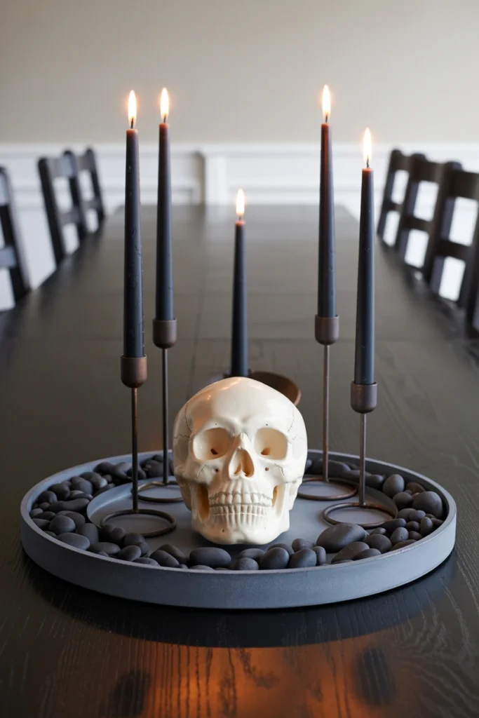  A halloween dining table centerpiece — two black taper candles, one white ceramic skull, and a ring of black pebbles arranged on a dark slate serving tray
