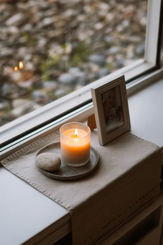Small altar table with a candle, stone, and personal photo arranged together