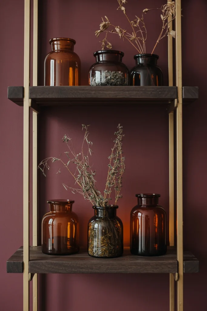 amber glass apothecary jars on dark wood floating shelf