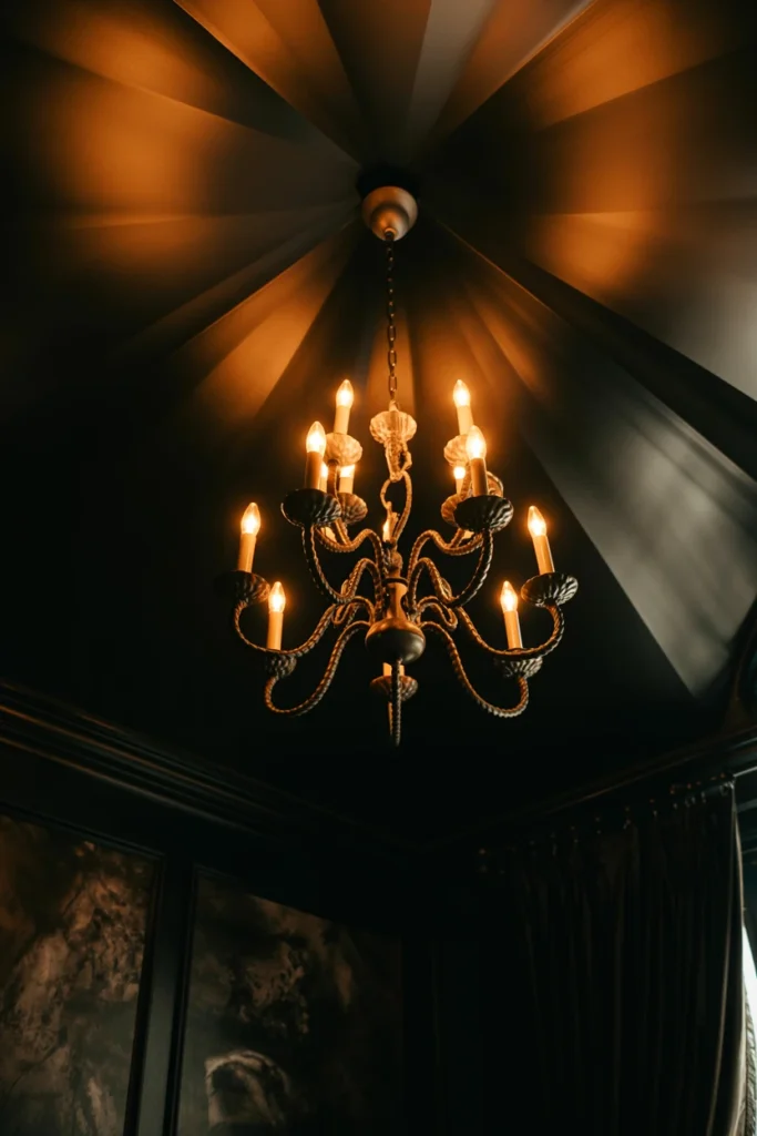 Wrought iron candelabra chandelier hanging in a dark bedroom