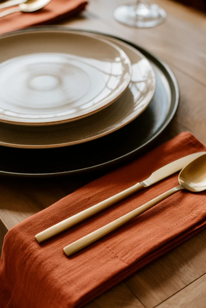 Black charger plates with orange napkins on dining table