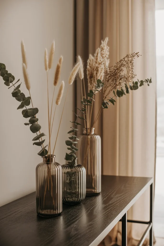Dried pampas grass and eucalyptus grouped in three vases