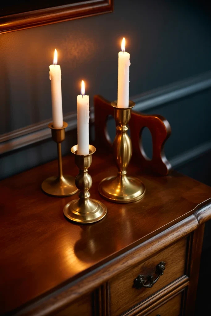 Antique brass candlesticks with flameless candles on dresser