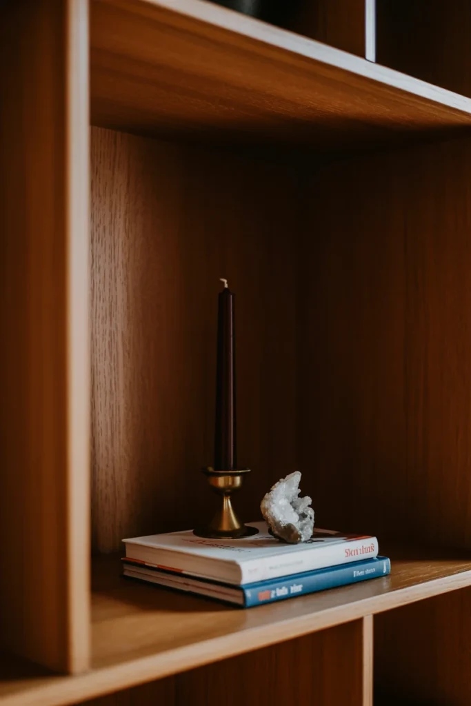 Bookshelf styled in groups of three objects per section