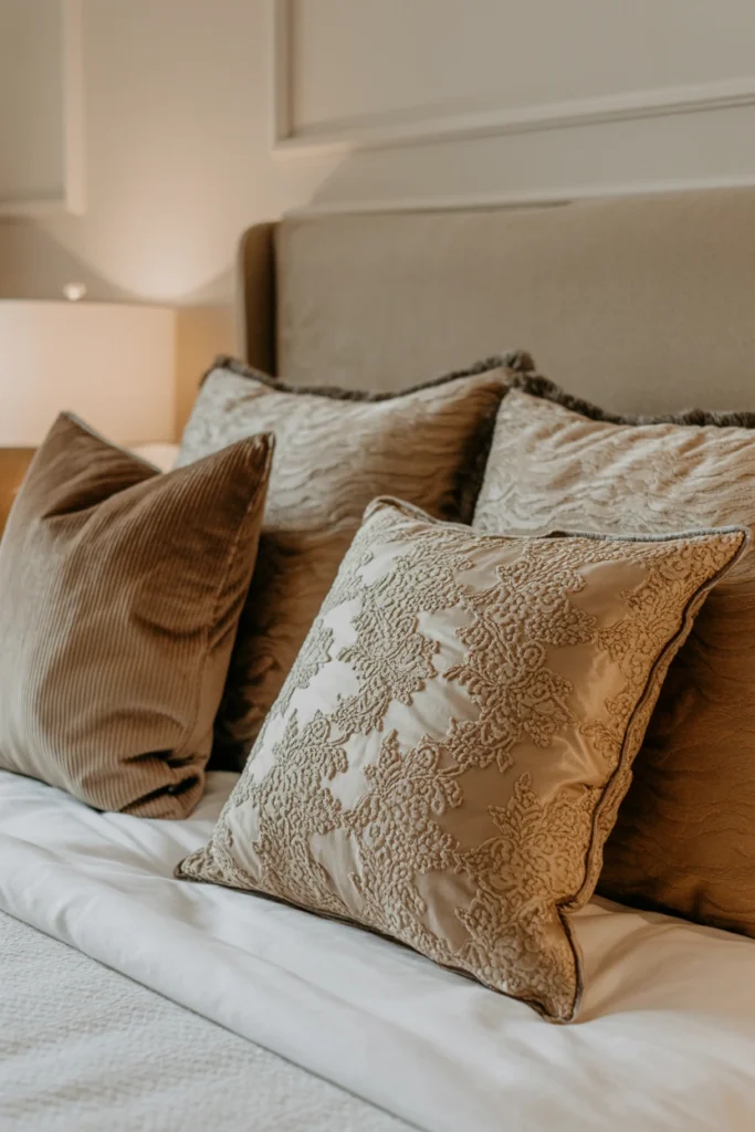 Group throw pillows in odd numbers with mixed textures