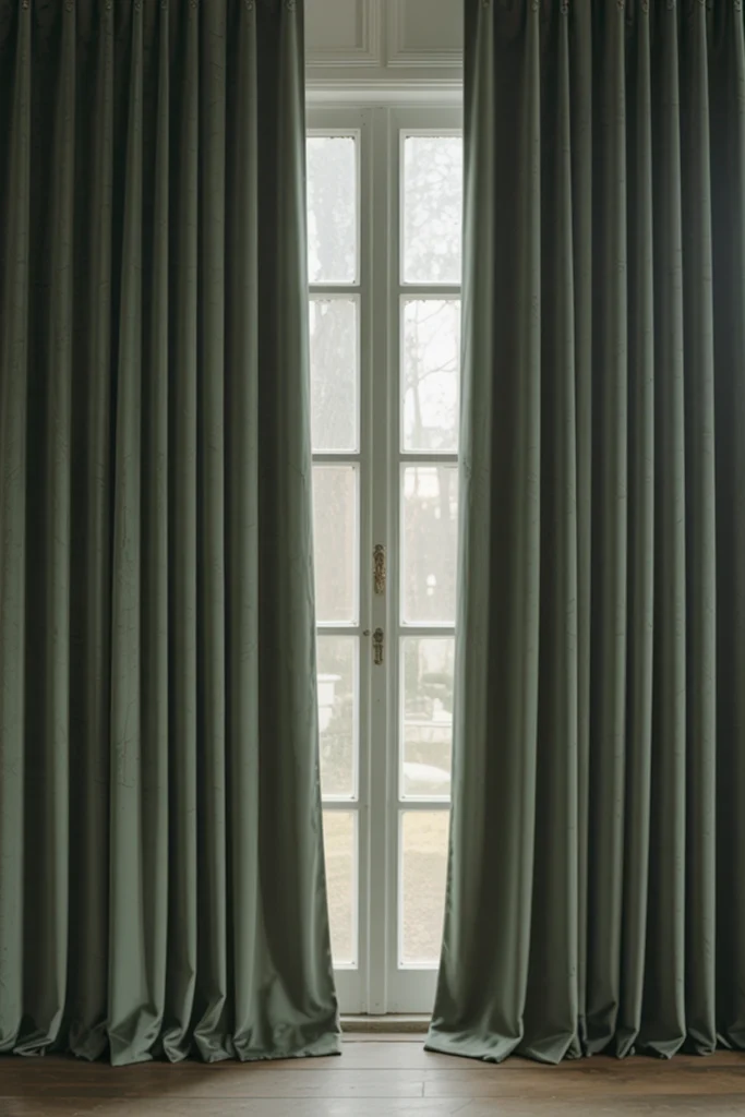 Heavy dark green velvet curtains framing a living room window