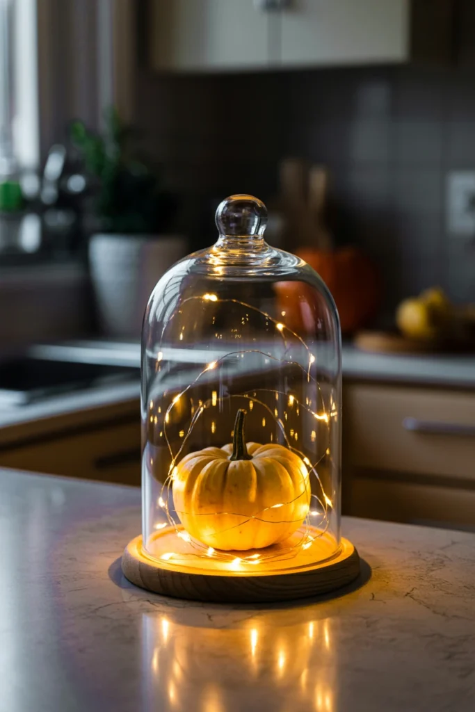 Glass cloche with warm string lights over a mini pumpkin display