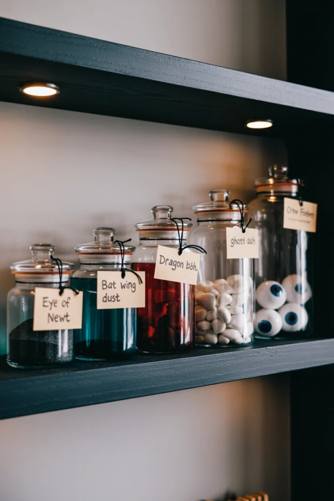 A halloween shelf display with five apothecary jars filled with dark pebbles, colored water, and plastic eyeballs, each labeled with a handwritten white tag