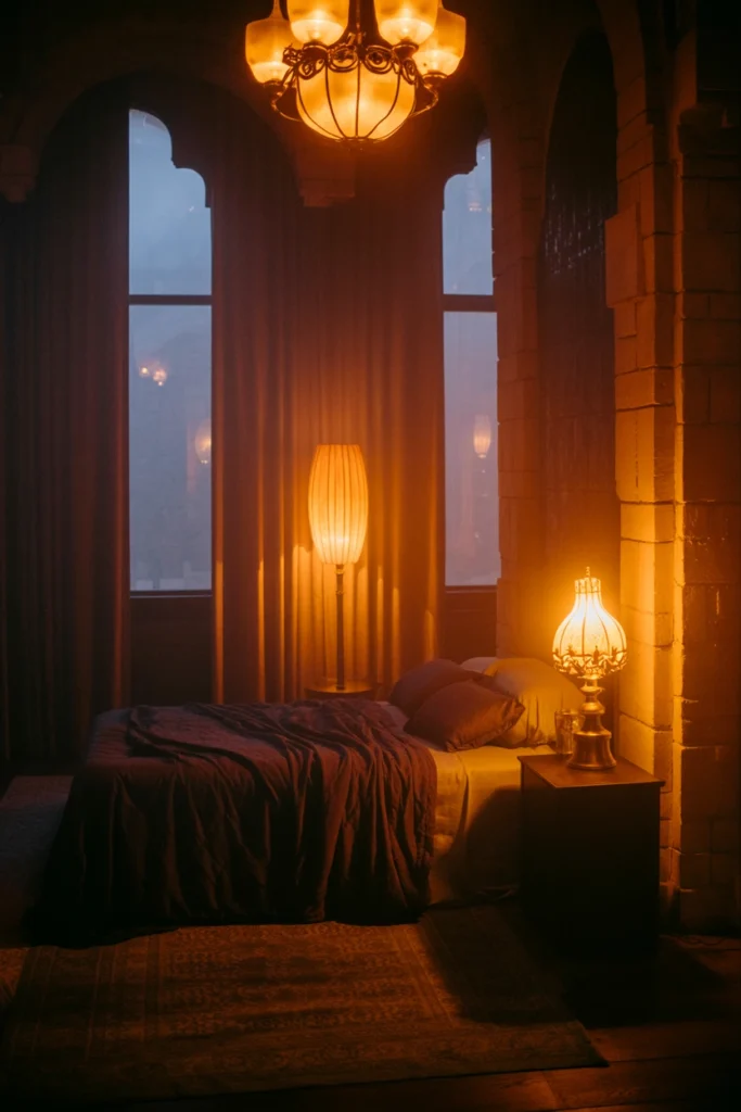 Layered bedroom lighting from chandelier, table lamp, and floor sconce