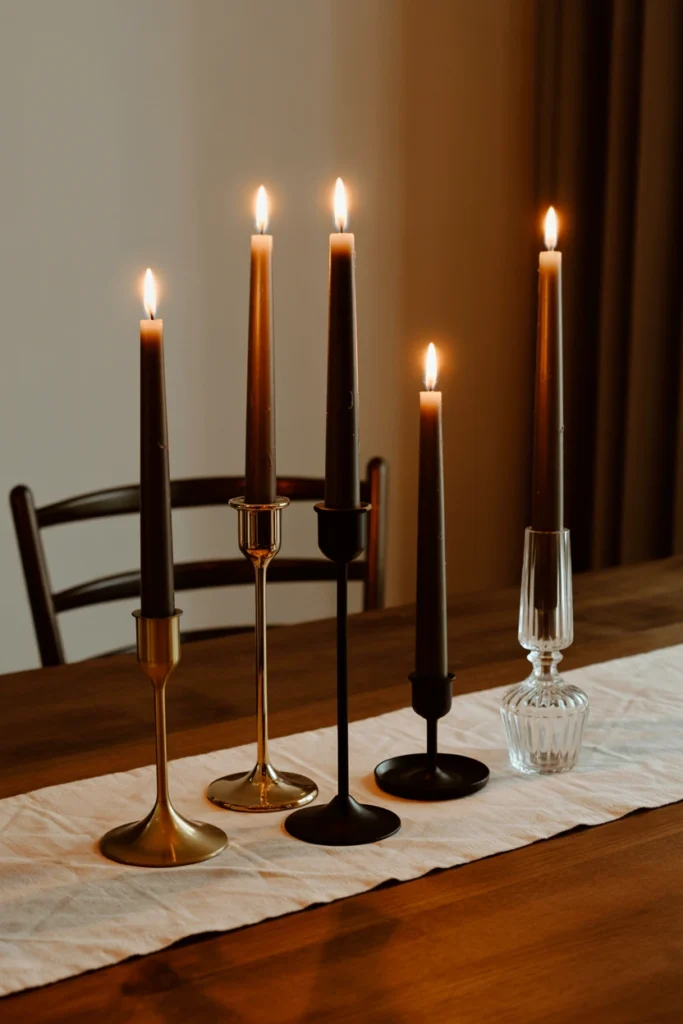 Mismatched vintage brass candle holders with black taper candles
