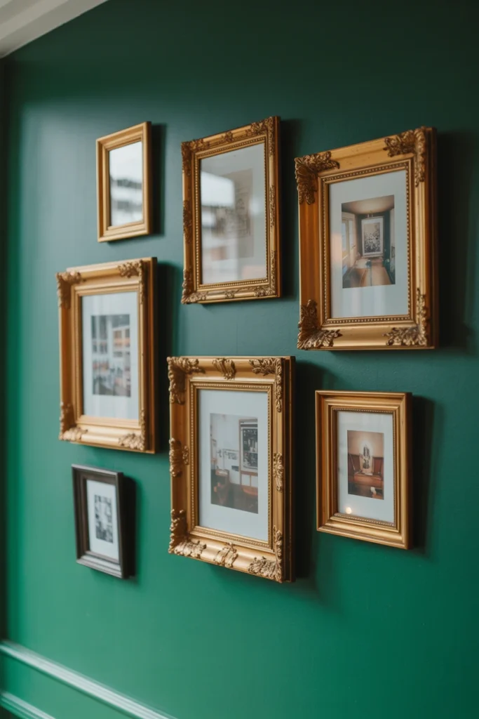 Mismatched antique gold frames arranged in a gallery wall