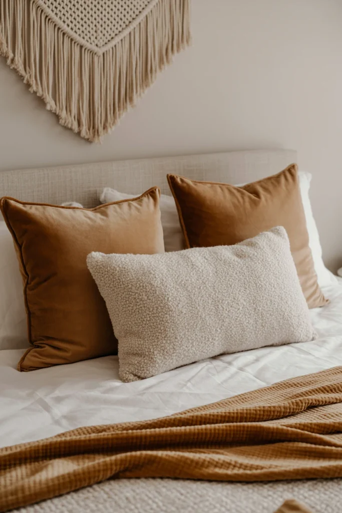 Bed layered with velvet, bouclé, and woven macramé textures