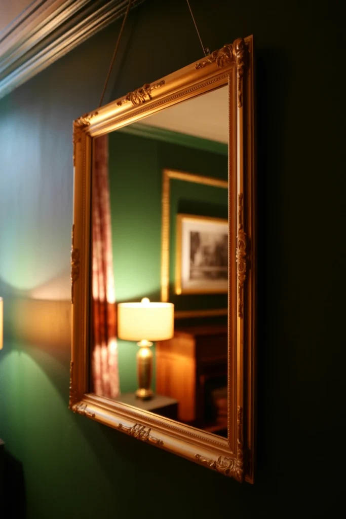 Ornate gold antique-framed mirror on dark bedroom wall