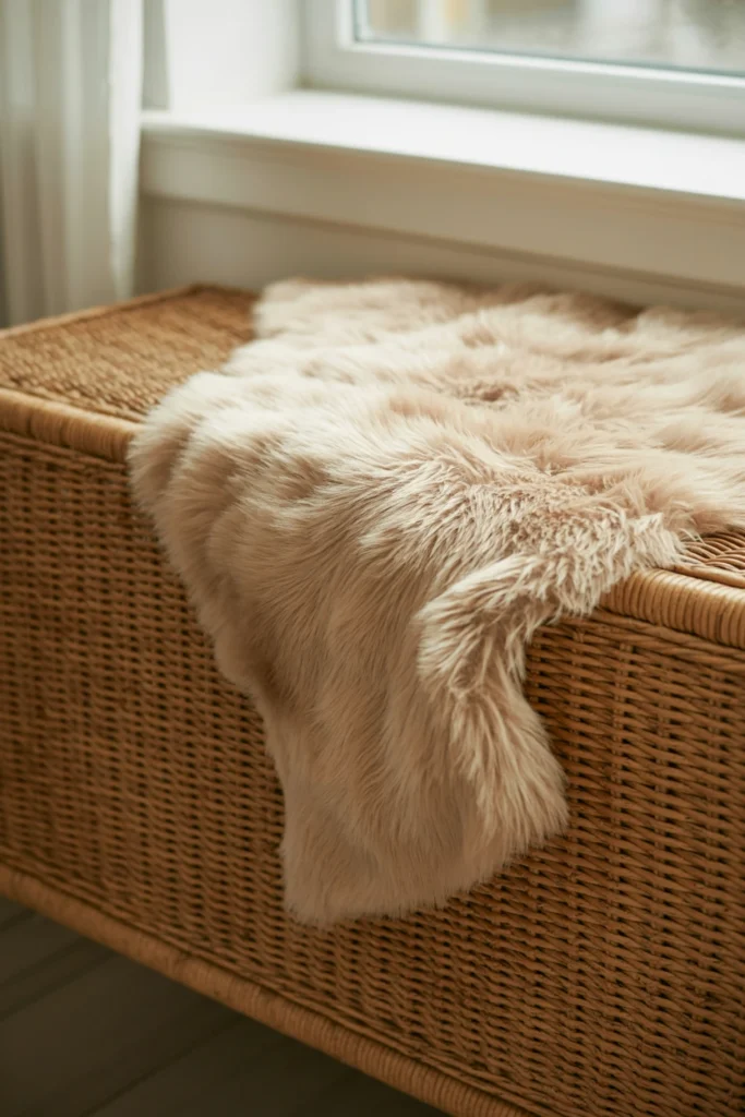 Faux fur throw layered over woven rattan bench texture