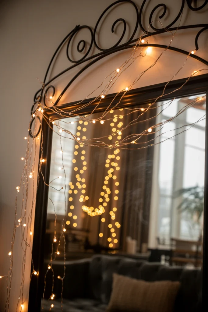 Use String Lights to Soften Heavy Dark Furniture