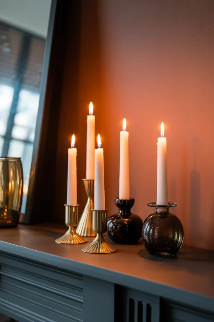 Mismatched vintage taper candle holders at varying heights