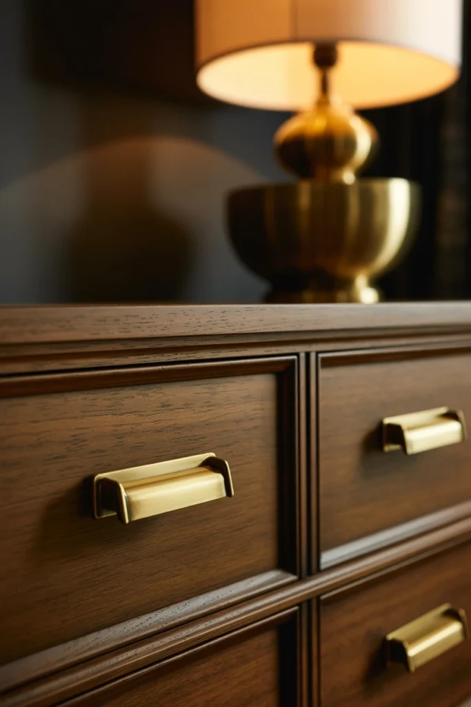 Pick metal accents in warm tones — brass, gold, or aged bronze